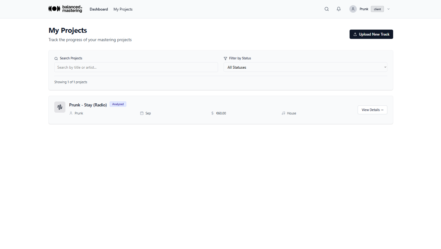 Platform screenshot showing PROJECTS